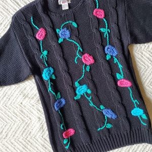 Vintage floral embroidered cable knit short sleeve sweater